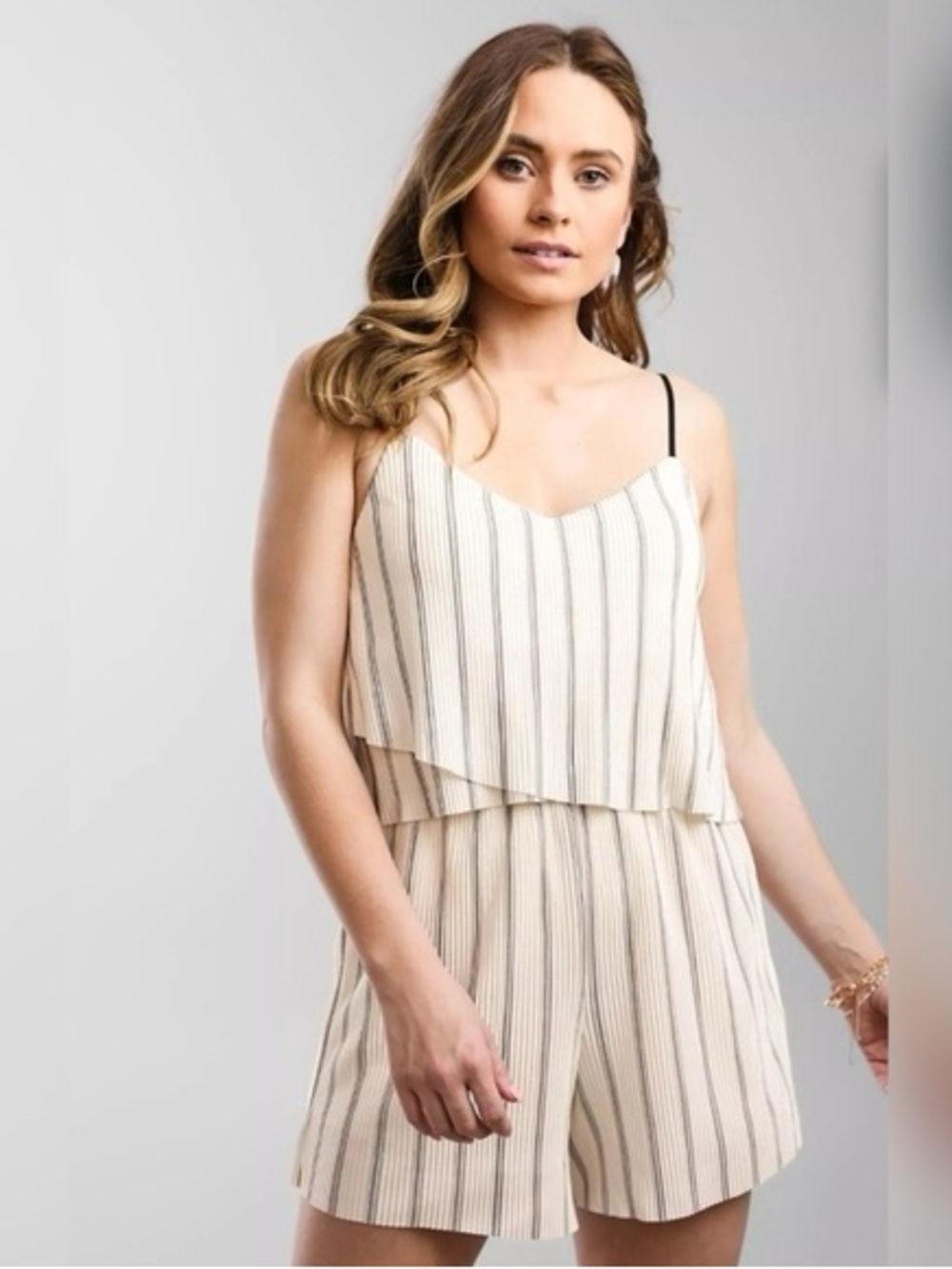 Gypsies & Moondust Cream Striped Sleeveless pleated Romper